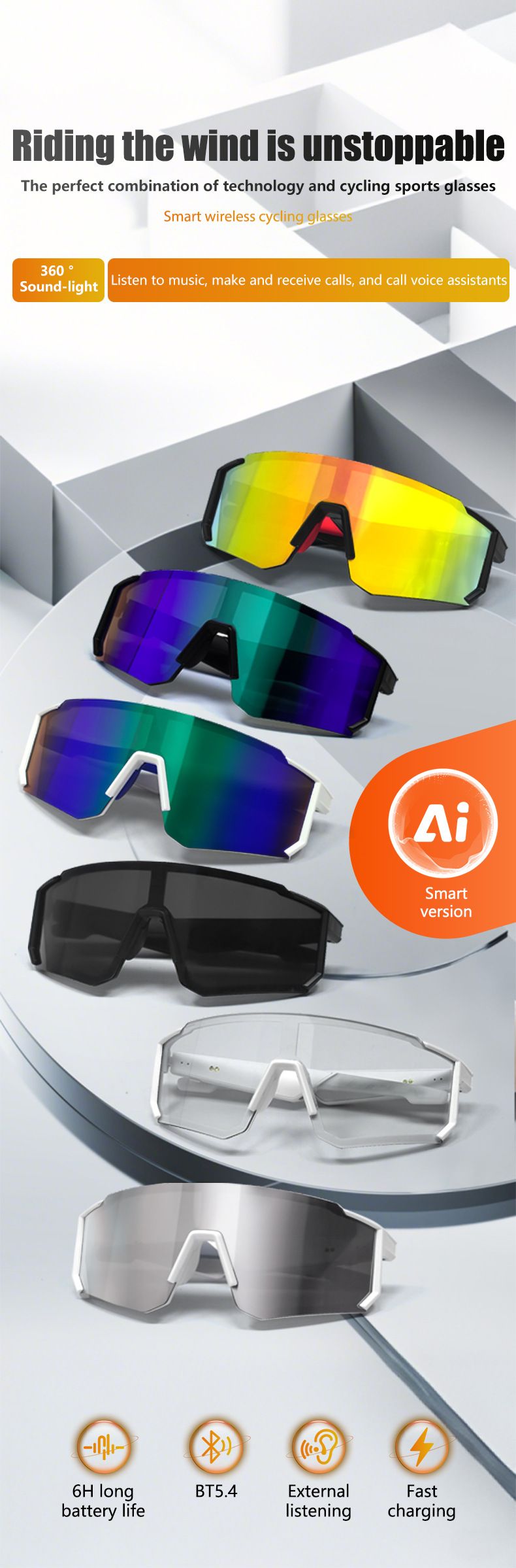 Pametna očala za športe na prostem, kolesarjenje, Bluetooth očala, proti ultravijoličnim žarkom, poslušanje glasbe in klicanje, pametna očala_voghion.com