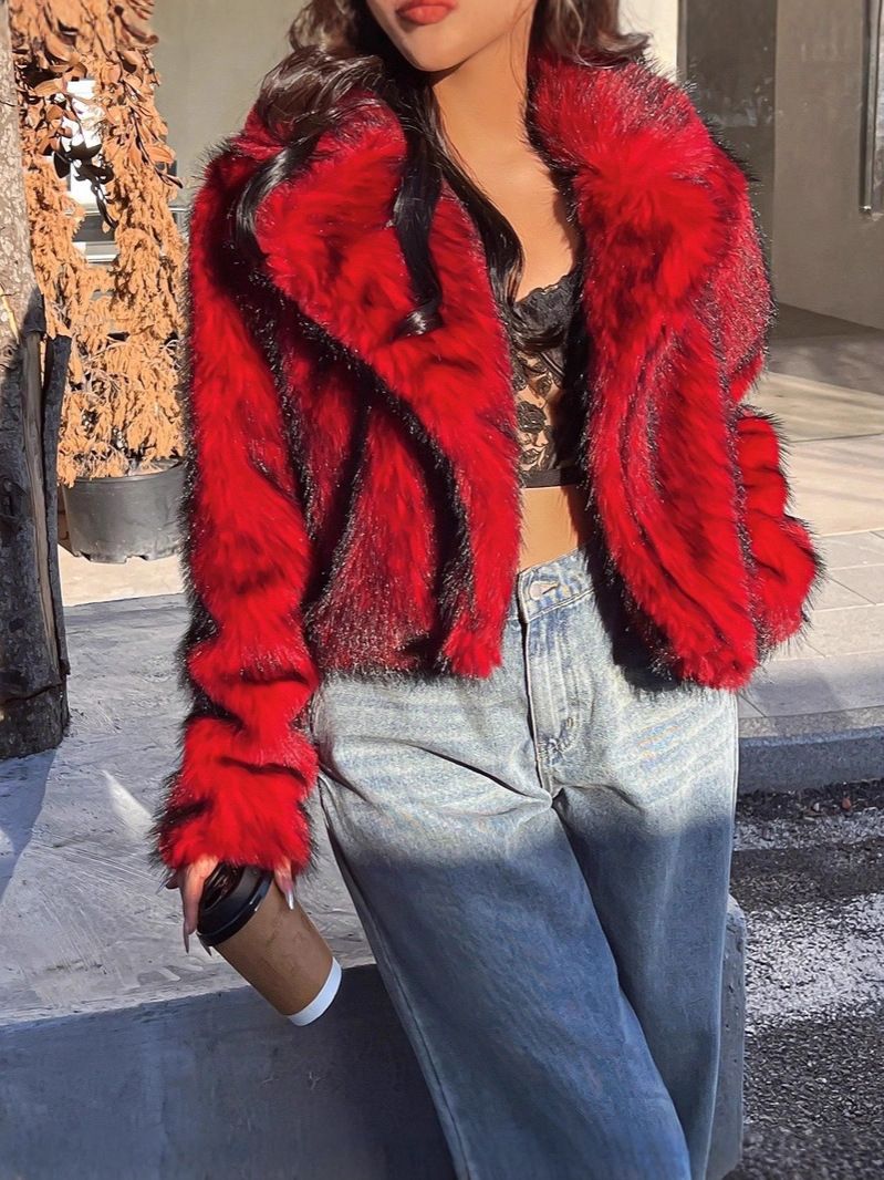 Kunstfuchspelzjacke, Damen-Wintermantel, kurz, wattiert, Kunstpelzmantel mit Revers, warme, flauschige Oberbekleidung (mehrere Farben und Größen)_voghion.com