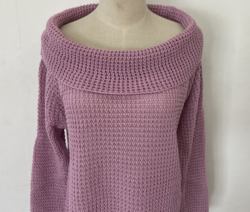 Women's one-line collar off-shoulder lapel sweater loose large version solid color sexy sweater_voghion.com