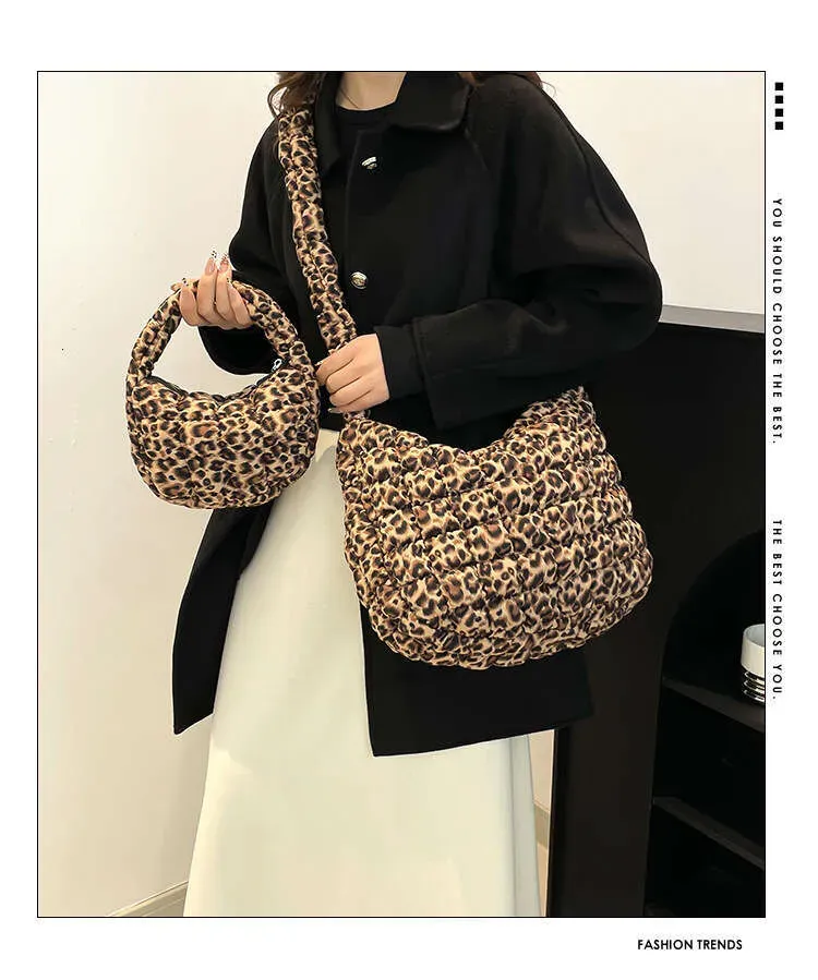 Nuova borsa a mano con stampa leopardata per donna, in cotone trapuntato a pieghe, tracolla monospalla di grande capacità_voghion.com