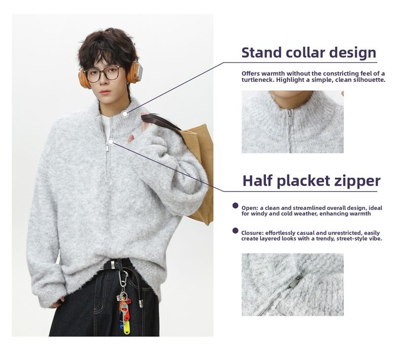 Half Zipper Stand-up Collar Pullover Sweater Men's Autumn And Winter Style Texture Warm Lazy Wind Loose Half Turtleneck Knitted Sweater Jacket_voghion.com