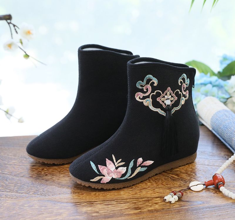 Stivali bassi, nappe ricamate, scarpe di stoffa abbinate a scarpe invernali imbottite e morbide in cotone Hanfu da donna, tacchi alti_voghion.com