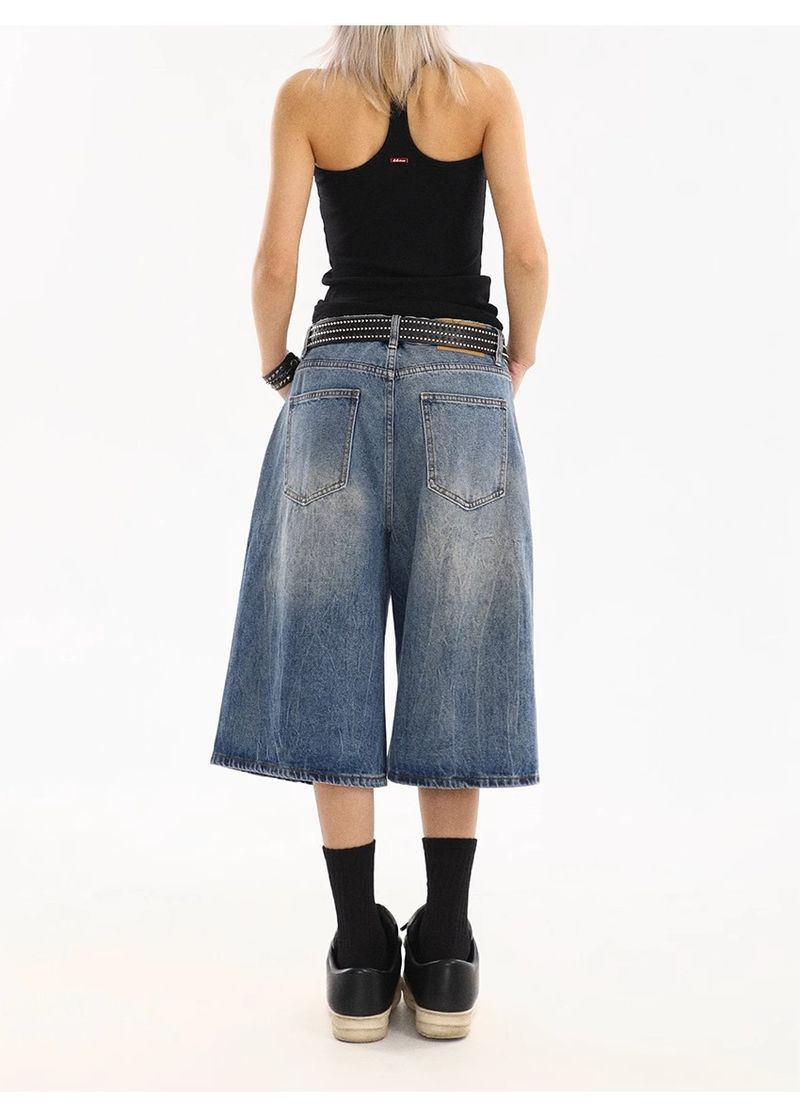 Herrenbekleidung Retro Washed Old Lightning Pattern Dreiviertel-Jeansshorts Lockere, gerade, weit geschnittene, mittellange Hose_voghion.com