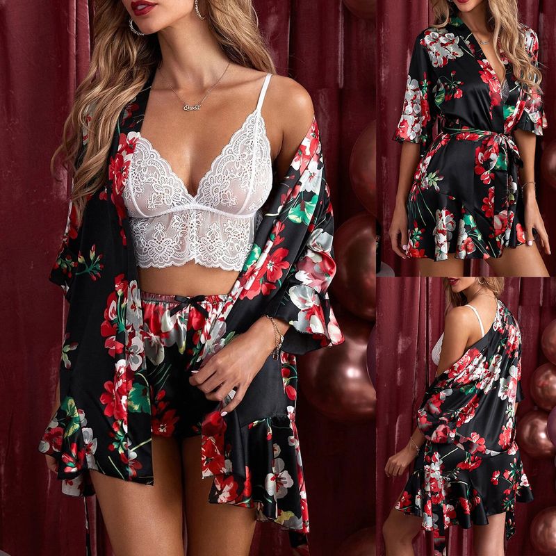 Sexy leopard print three piece pajama shorts set, fashionable printed bathrobe in large size_voghion.com