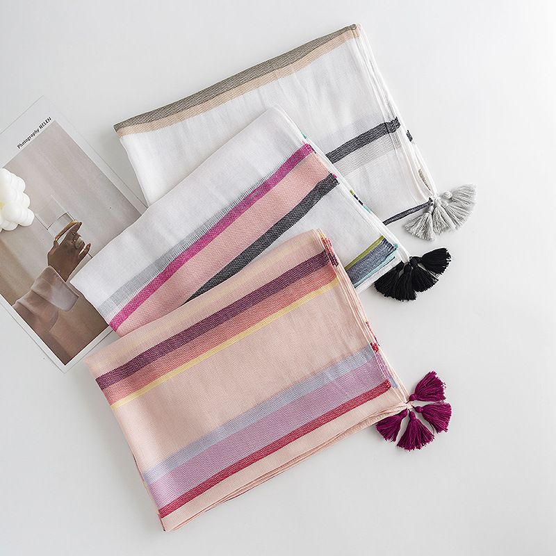 2024 Primavera Nuovo Design Personalizzato Alla Moda ed Elegante Stile Nappa Sciarpa Alla Moda Scialle Sottile A Righe_voghion.com