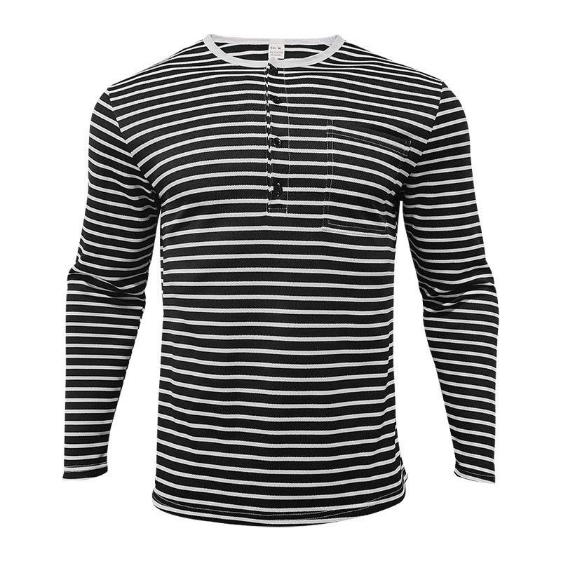 Maglietta Henley versatile a maniche lunghe, vestibilità slim, modello Yama, in tessuto perlato, a righe orizzontali, da uomo, autunno e inverno_voghion.com