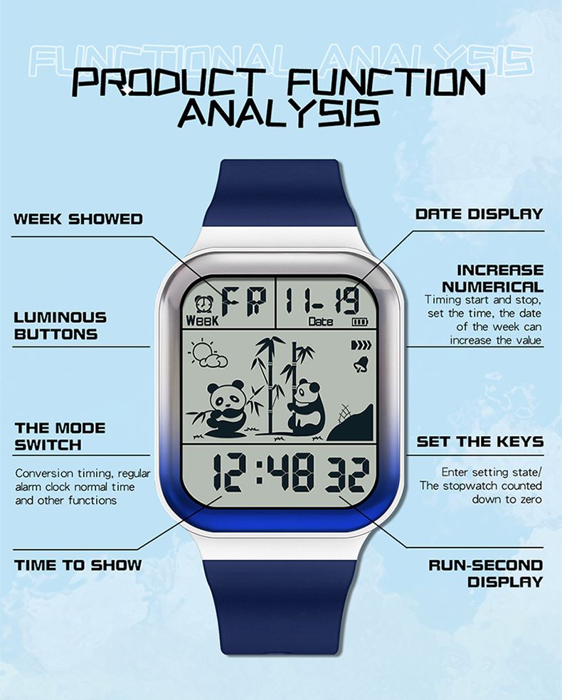 Panda-Themed Square Digital Watch With Gradient Design - Waterproof LED Sports Watch For Teens And Students Men's And Women's Watch_voghion.com