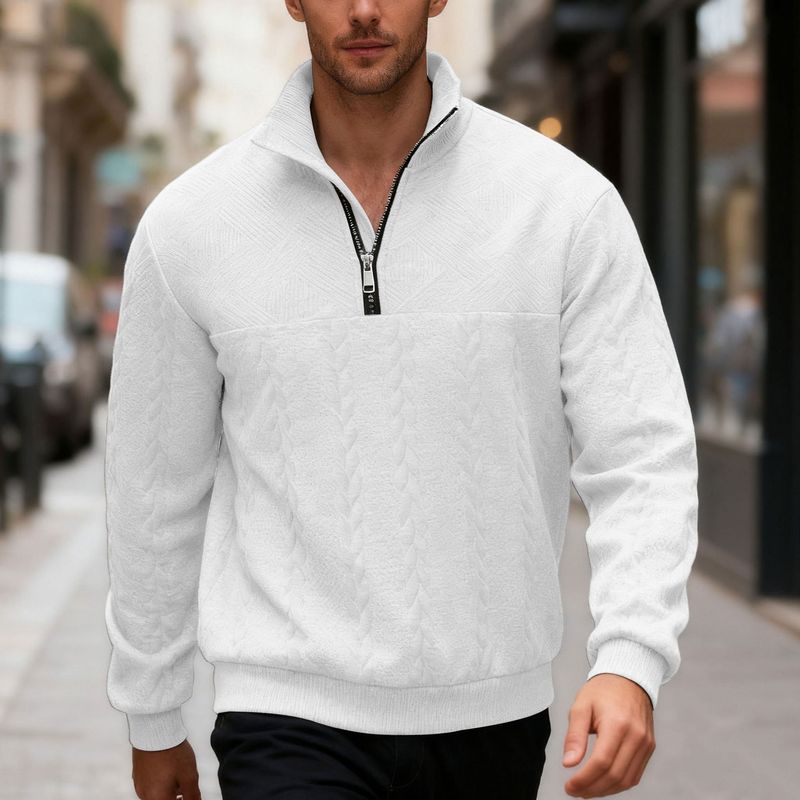 Lässiger Herren-Pullover mit halbem Reißverschluss und Jacquard-Patchwork-Design, locker sitzendes Strickoberteil für Herbst und Winter (Weiß, Grau, Schwarz, Khaki, Marineblau)_voghion.com