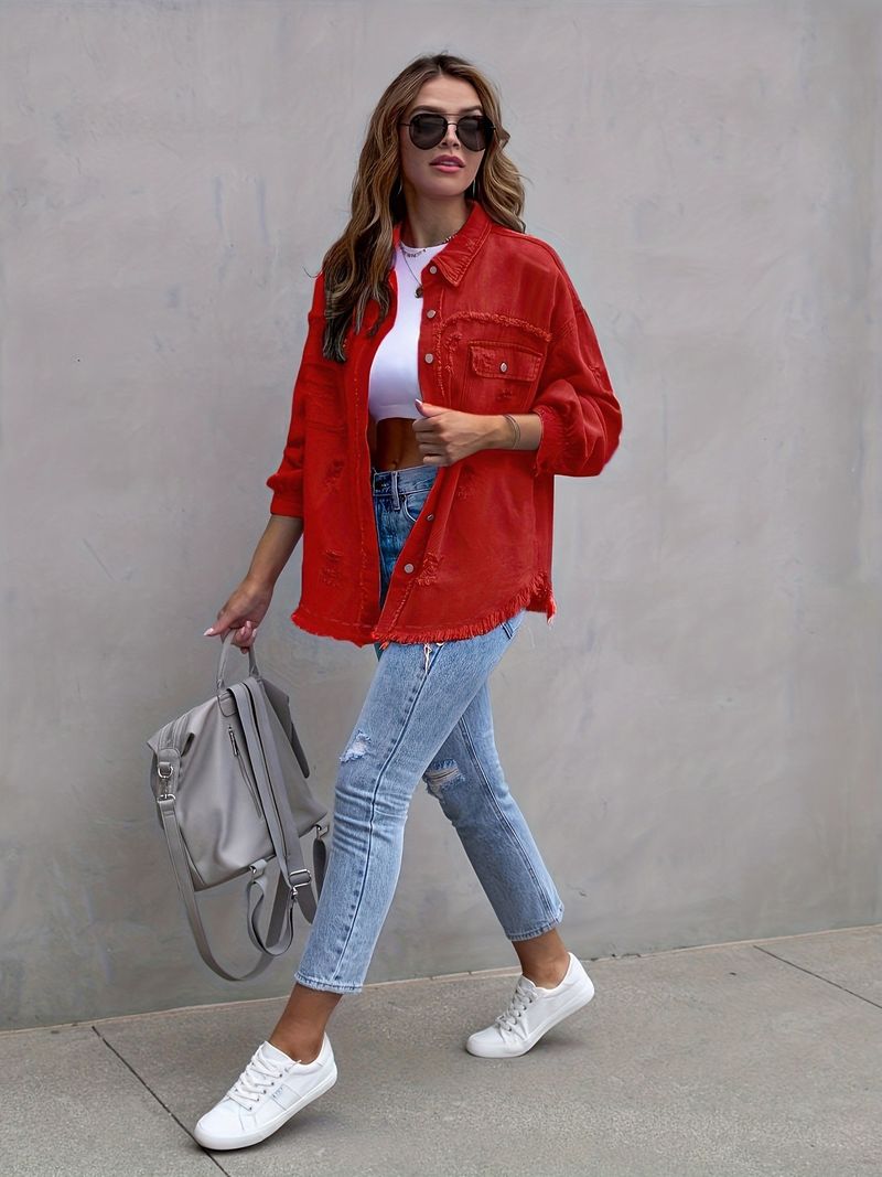 Giacca in denim effetto consumato, camicia oversize a maniche lunghe da donna, stile casual streetwear, cappotto vintage in 16 colori_voghion.com