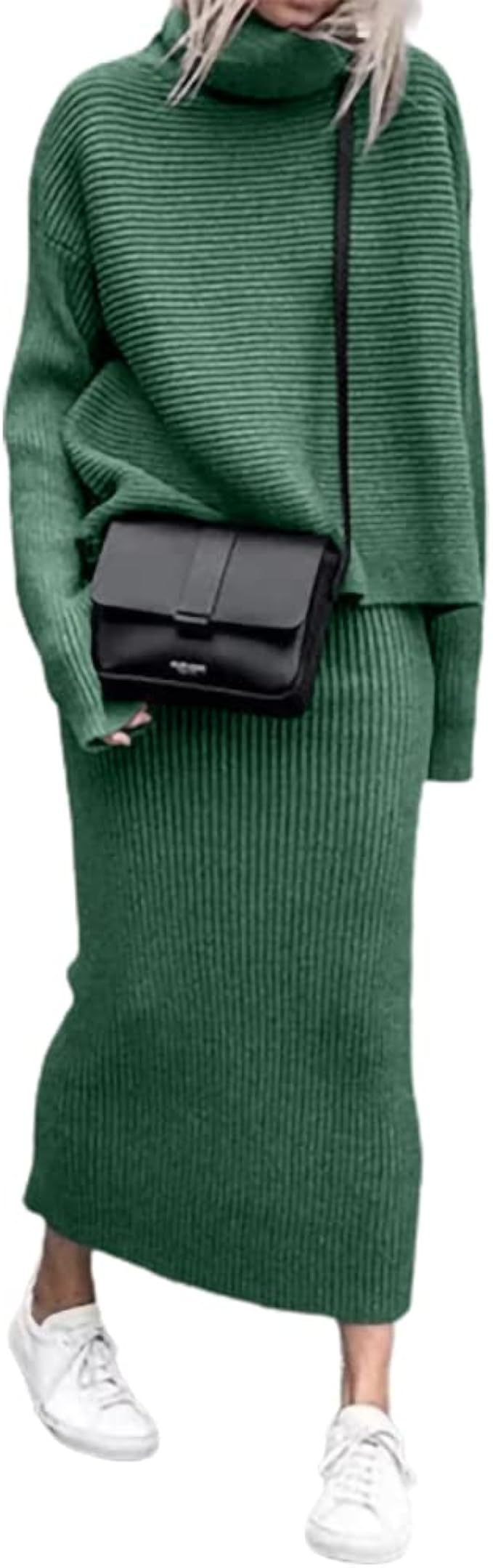 Pull à col roulé, couleur unie, mode décontractée, jupe tricotée, costume deux pièces_voghion.com