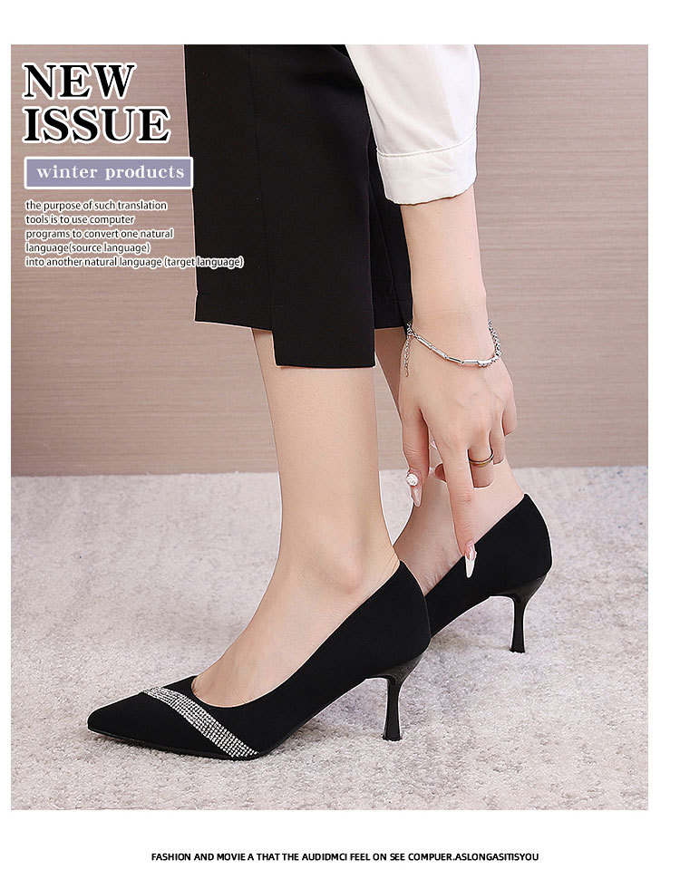 Women's High heels women's new spring and autumn rhinestone French shallow mouth suede pointed toe stiletto single shoes black with dress_voghion.com