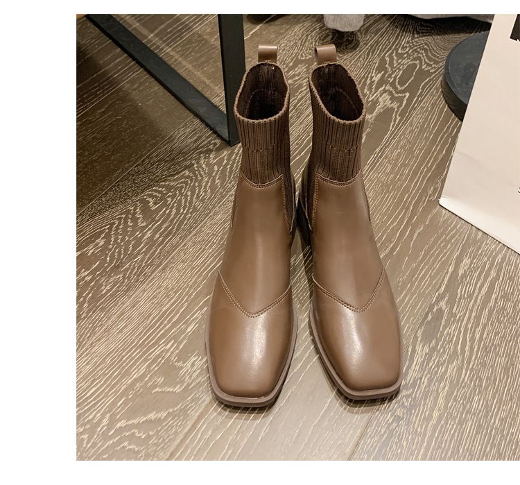 Autumn Winter Genuine Leather Knitted Sock Wool Thin Short Women Square Toe Chunky Heel Martin Boots_voghion.com