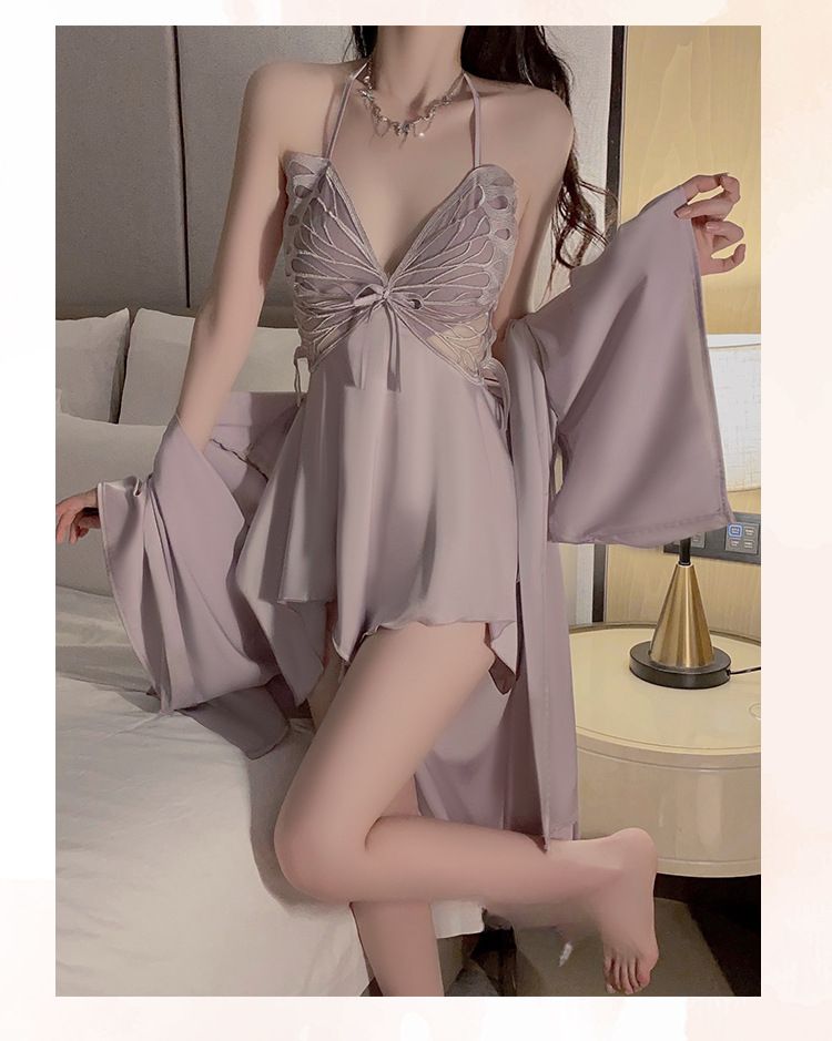 Ice Silk Plus Size Pajama Set, With Chest Cushion For Super Comfort, Bow Tie Nightgown And Outer Robe Showcasing Fashionable Charm_voghion.com