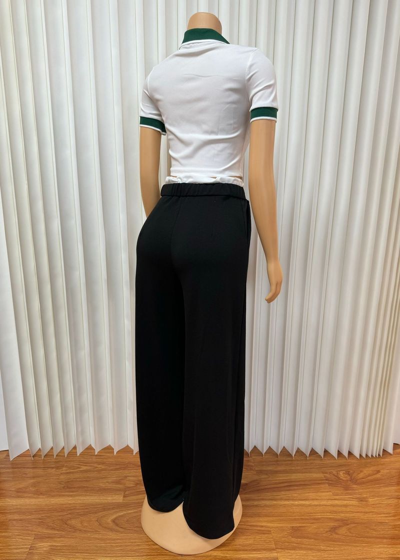Women's New Color Blocked Lapel Short Sleeved Crop Top With Lace Up Straight Leg Pants Set_voghion.com