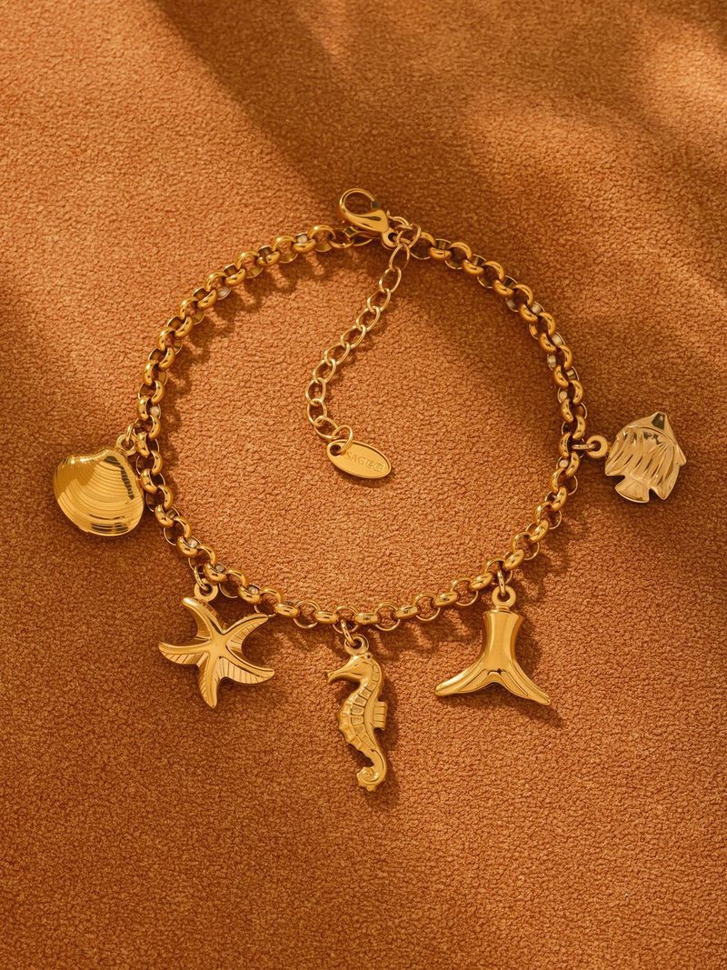 Damenschmuck Edelstahl Hohl Seepferdchen Fischschwanz Ozean Serie Anhänger Armband 18K Echtgold Beliebter Schmuck_voghion.com