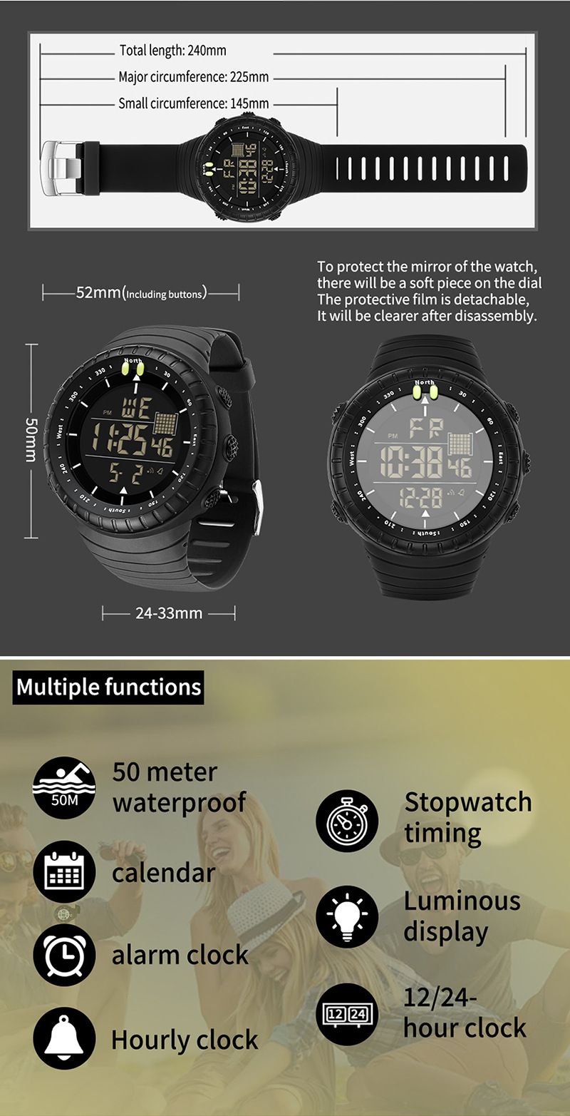 Large Dial Digital Sports Watch With Night Light, Waterproof, Alarm, Stopwatch, And Multi-Function Men Women Luminous Alarm Clock Multi Function Watch_voghion.com