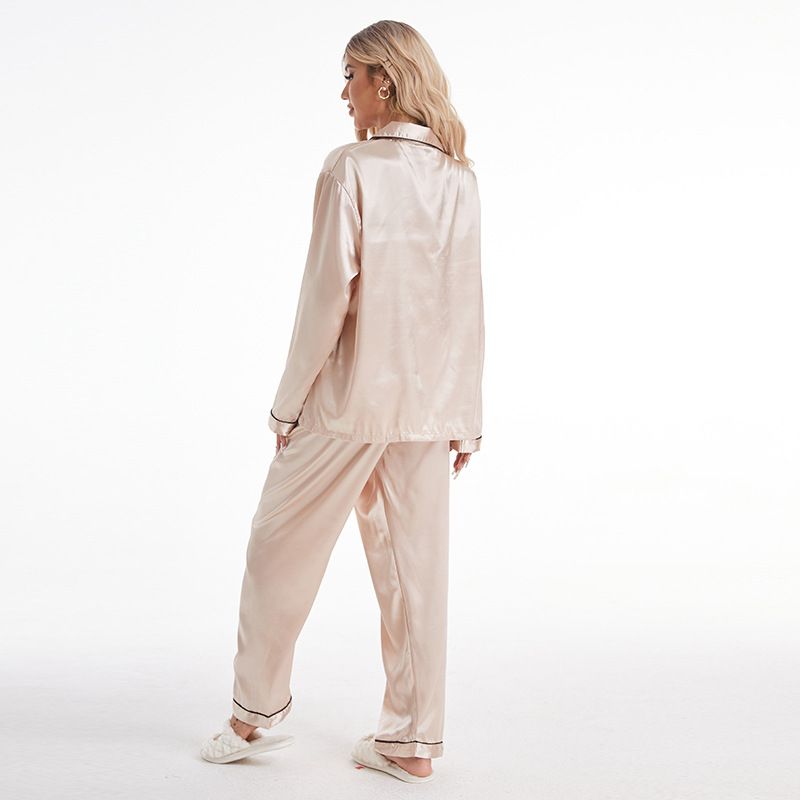 Homewear Turn-down Collar Ice Silk Pajamas Women's Sleeve Long Pants Two-piece Set Plus Size Satin_voghion.com