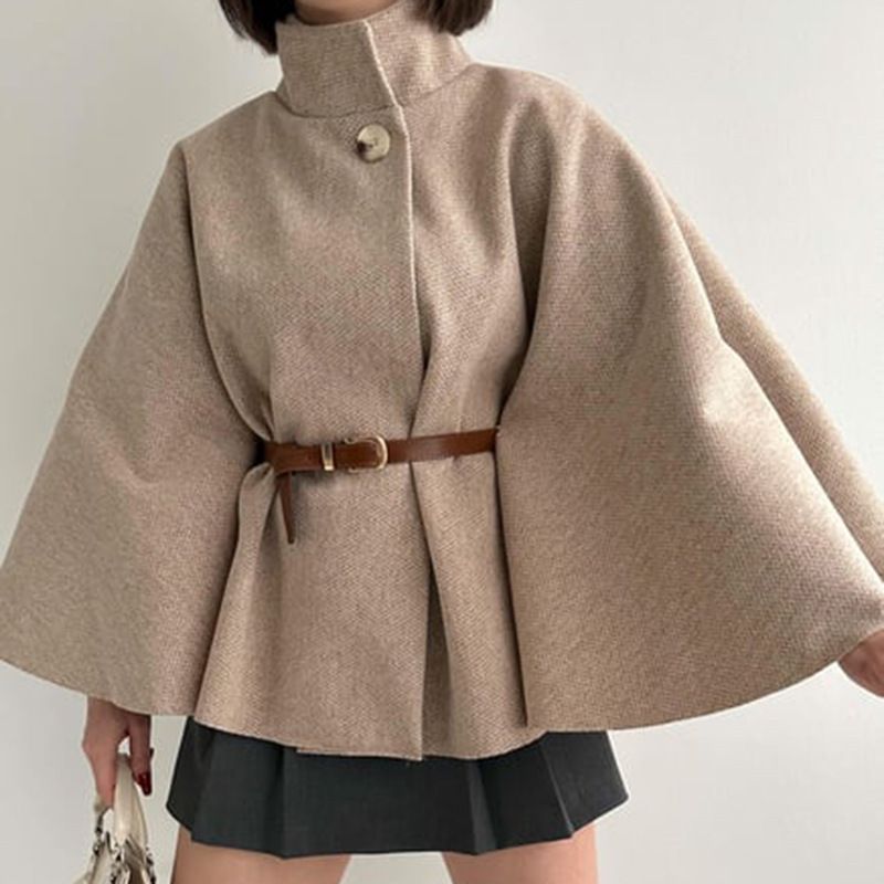 Elegante capa con cinturón: gabardina de lana resistente a las arrugas con mangas acampanadas para mujer (tallas S-XXL, 4 tonos neutros, ideal para la oficina y el fin de semana)_voghion.com