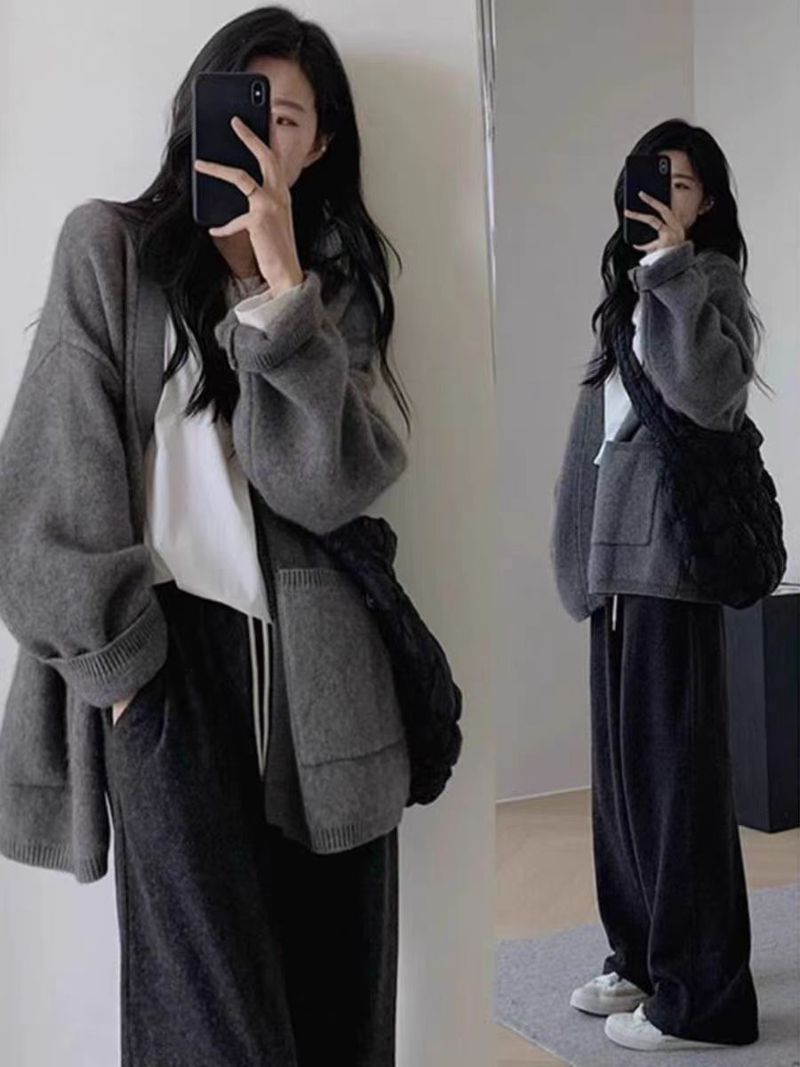 Cardigan 100 % pure laine pour femme, col en V, sans boutons, ample, avec poches, tricoté en cachemire, nouvelle collection automne-hiver 2025_voghion.com