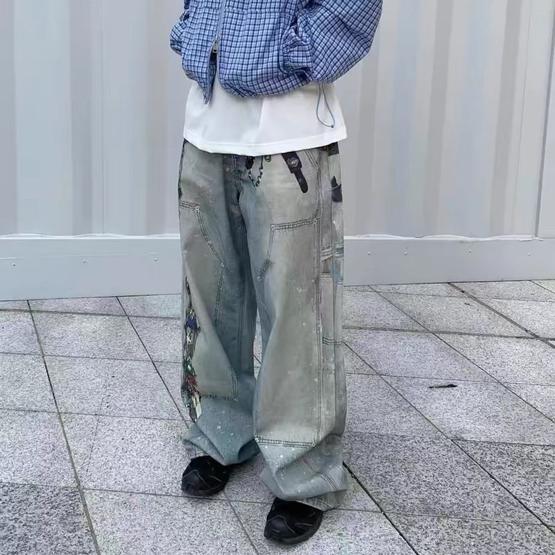 Herenkleding 3D Digitaal Bedrukte Denim Broek Heren Hip Hop Street Trend Gewassen Oude Inkt Spatten Losse Wijde Pijpen Rechte Broek_voghion.com