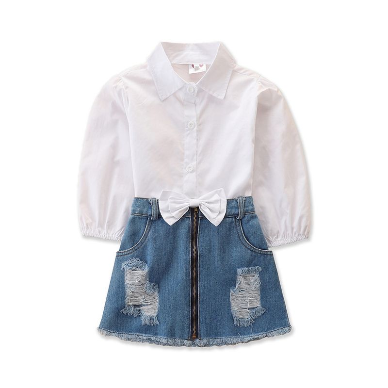 Kinderkleidung Sommer Mädchen Jeansanzug Baby Unregelmäßige Hosenträger Top Faltenrock_voghion.com