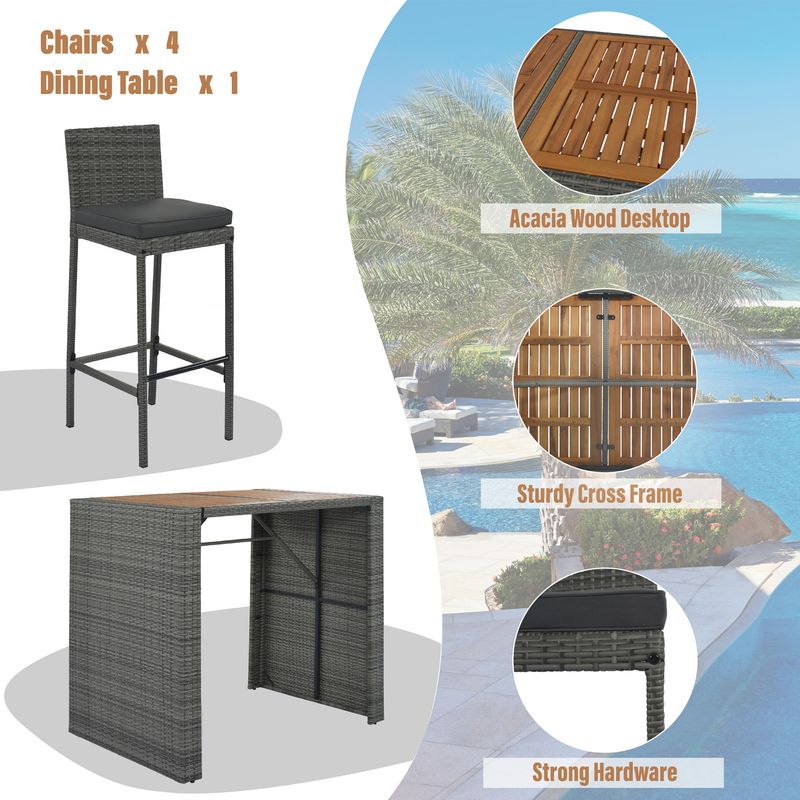 5-pieces Outdoor Patio Wicker Bar Set, Bar Height Chairs With Non-Slip Feet And Fixed Rope, Removable Cushion, Acacia Wood Table Top_voghion.com