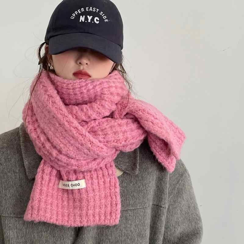 Women's Winter 2025 Knitted Wool Hundred Korean High-end Thickened Pink Warm Scarf Cute Neck Scarf Accessories_voghion.com