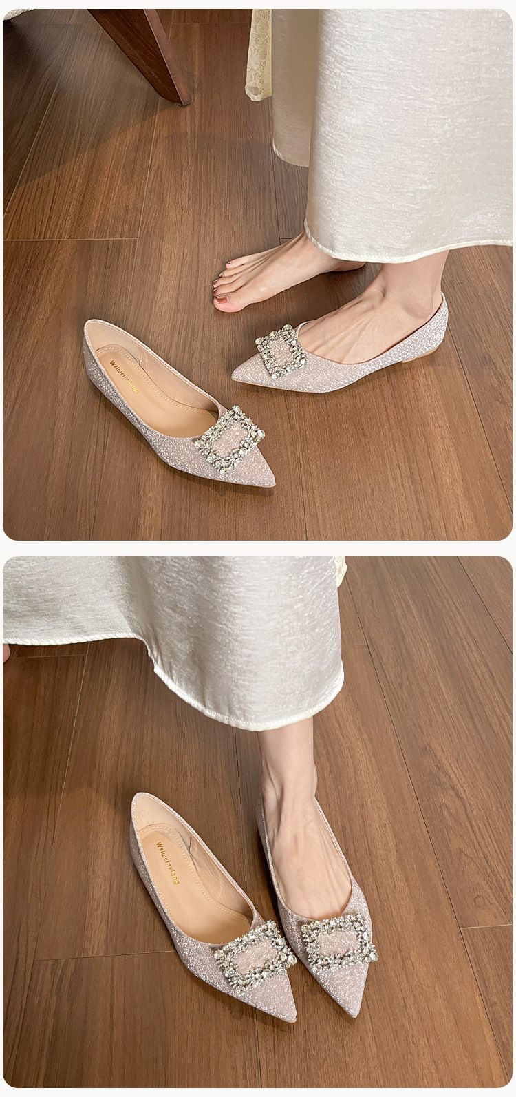 Scarpe da sposa francesi a punta singola da donna con tacco basso, strass, argento, scarpe basse per temperamento_voghion.com