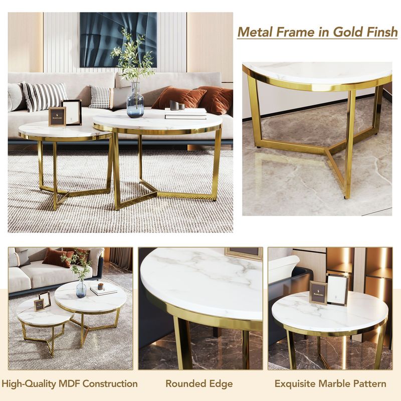 Modern Round Nesting Coffee Table Set 2-Piece White & Marbling Top Gold Base_voghion.com