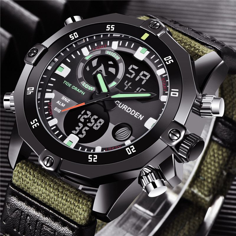 Herren-Sportuhr mit Nylonarmband – Doppelanzeige analog und digital, multifunktional mit Kalender, Alarm, GMT und Leuchtfunktion_voghion.com