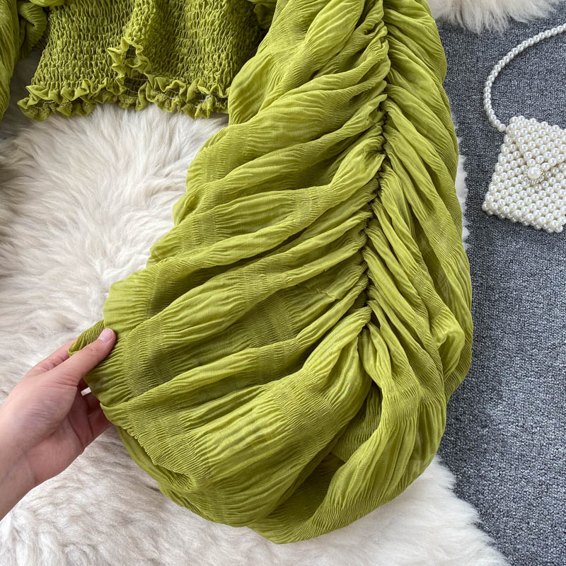 Women's niche, pleated puff sleeves, slim, short, fashionable, blogger, versatile chiffon shirt_voghion.com