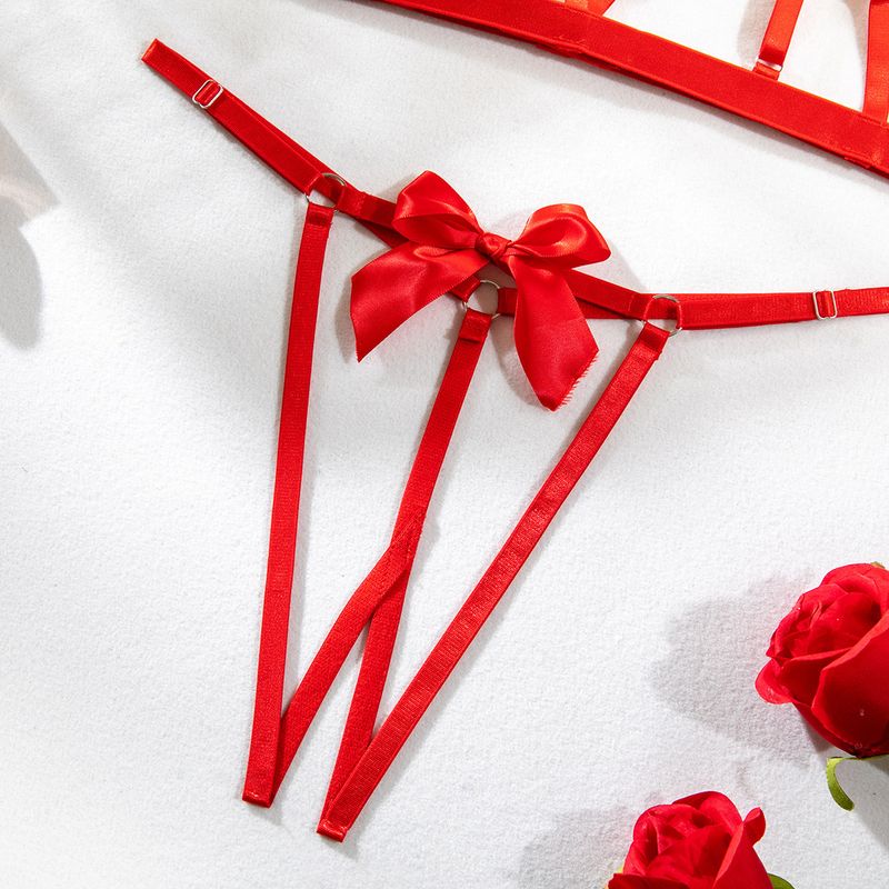 Set di due pezzi di biancheria intima sexy con fiocco in tinta unita, aperto sul cavallo e sul seno, nuovo ed europeo, con seno scoperto_voghion.com