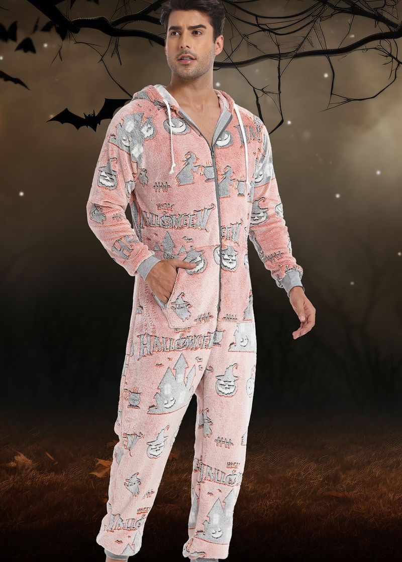 2024 New Cross Border Factory Supply Men's Flannel Cloud Printed Hooded Jumpsuit Pajamas And Home Wear_voghion.com