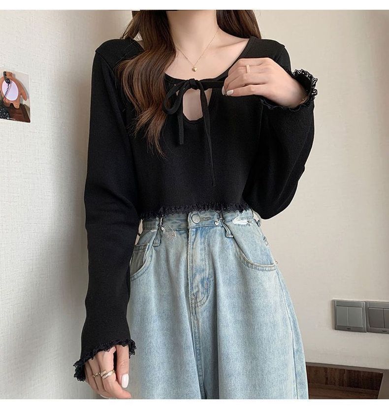 Elegant and lace V-neck long sleeved t-shirt for women, 2024 autumn new collection with strap design, niche slim fit top_voghion.com