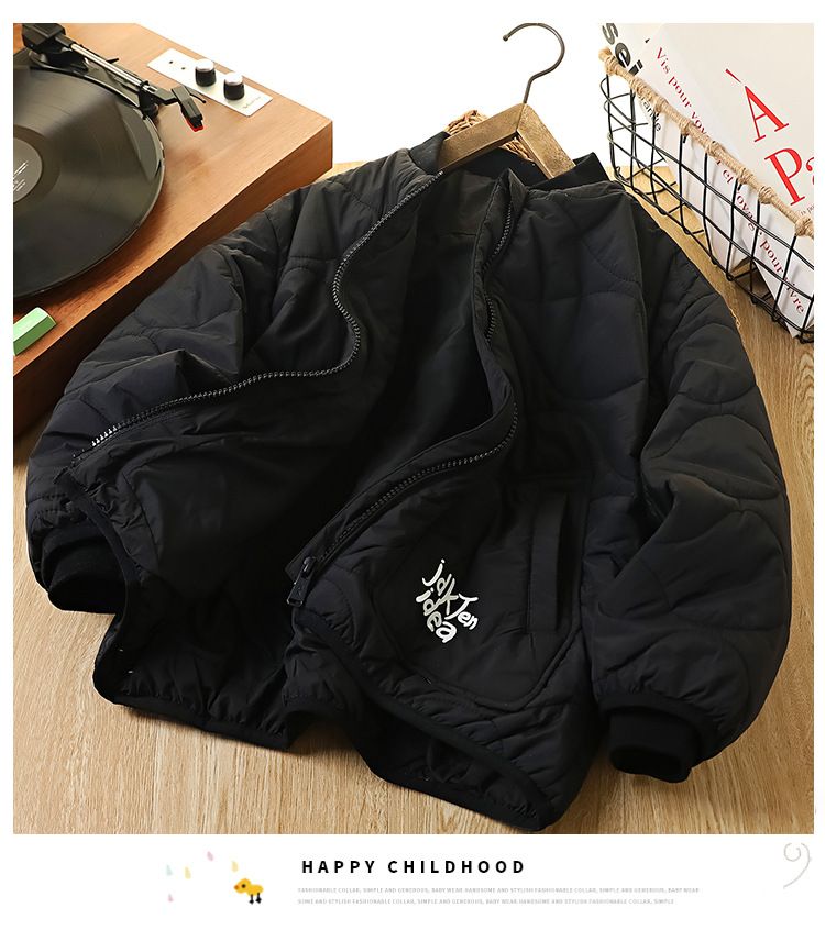 Giacca da baseball in nylon spesso per ragazzi - Cappotto caldo con scollo a V e cerniera, maniche lunghe, fodera in poliestere leggero, stampa casual con lettere (110-170 cm)_voghion.com