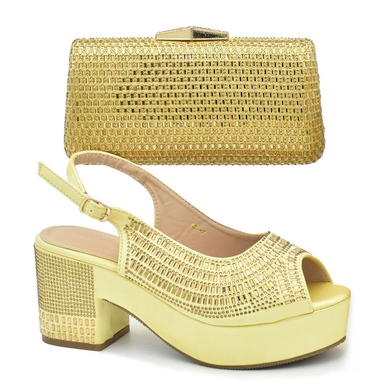 Set mit klobigen Sandalen mit Fischmaul, rundem Kopf und Schnürung hinten sowie Dinnertasche mit Diamanten_voghion.com