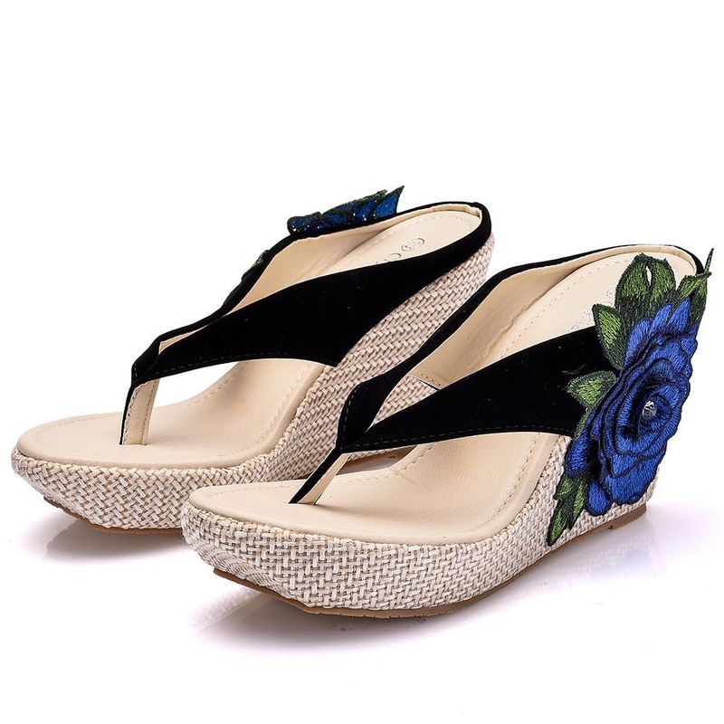 Damskor Vattentäta Kilsandaler Strandflip-flops Platå Tjocka Sulor Broderade Tofflor Sandaler_voghion.com