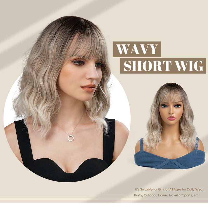 Jauna parūka sievietēm īsi mati cirtaini mati taisni sprādzieni pilna galvas aizsegs rožu tīkls augstas temperatūras zīda imitācijas parūka parūkas_voghion.com