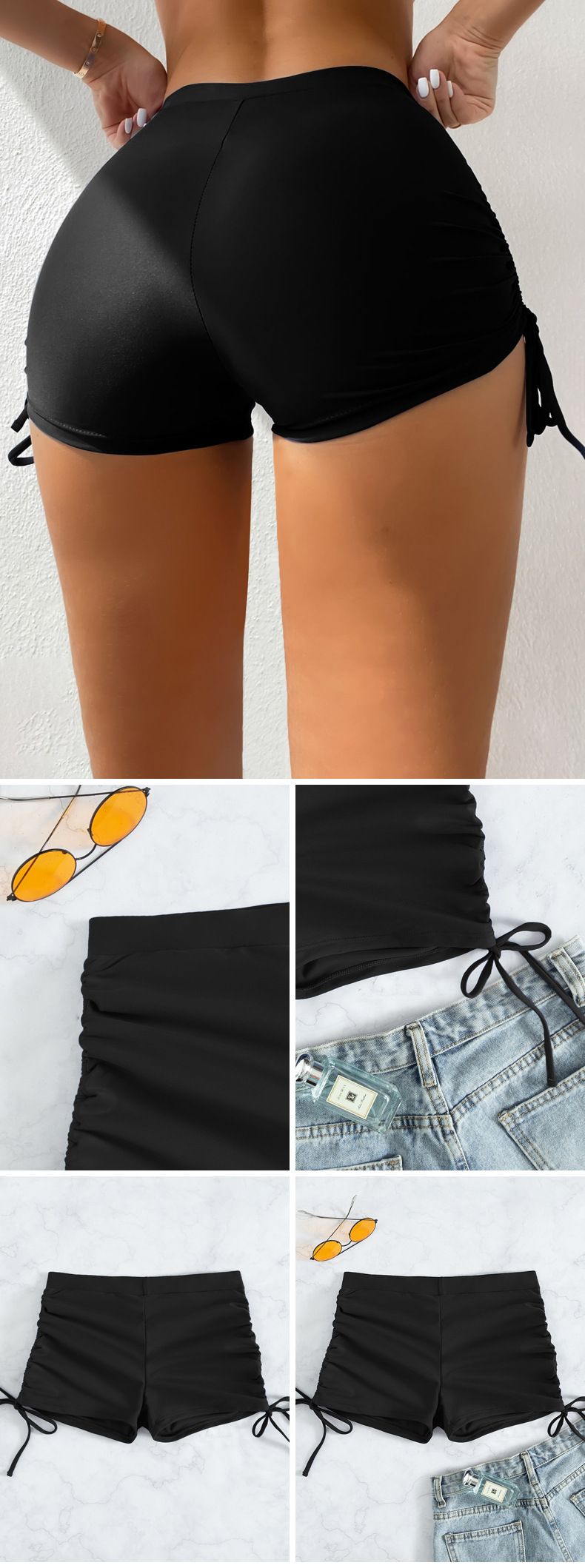 Boxer a pieghe a vita alta aderenti elastici, nuovi pantaloncini da bagno da donna in tinta unita con coulisse sui fianchi e bottoni ai quattro angoli_voghion.com