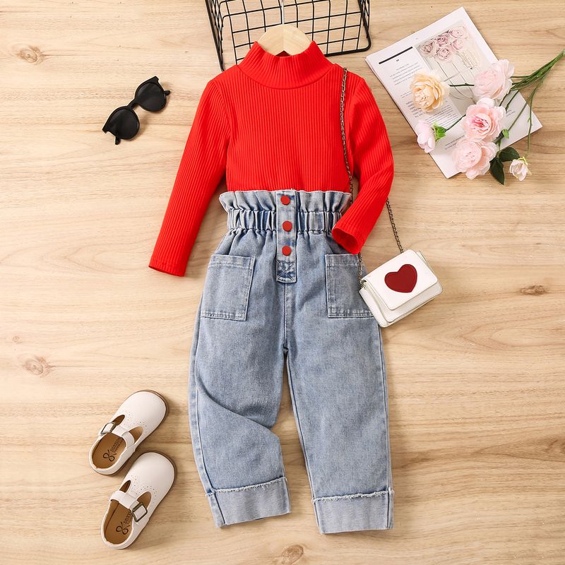 Mãe e filhos Roupas infantis para meninas Cor sólida Manga comprida Gola alta Pulôver Babados Calças jeans Conjunto de duas peças_voghion.com