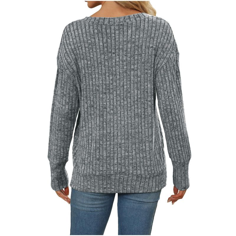 K Women's Long-sleeved V-neck Ribbed Brushed Knitted Top T-shirt_voghion.com
