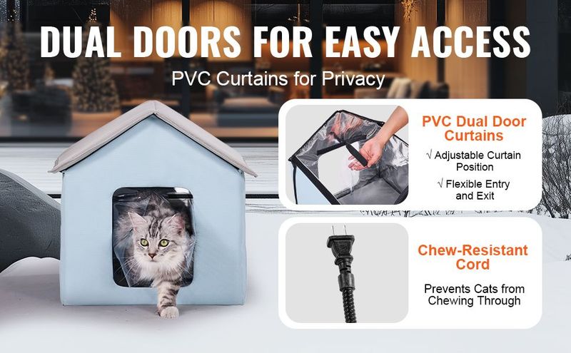 VEVOR Heated Cat House Foldable Kitty Shelter With Heated Pad Blue Small_voghion.com