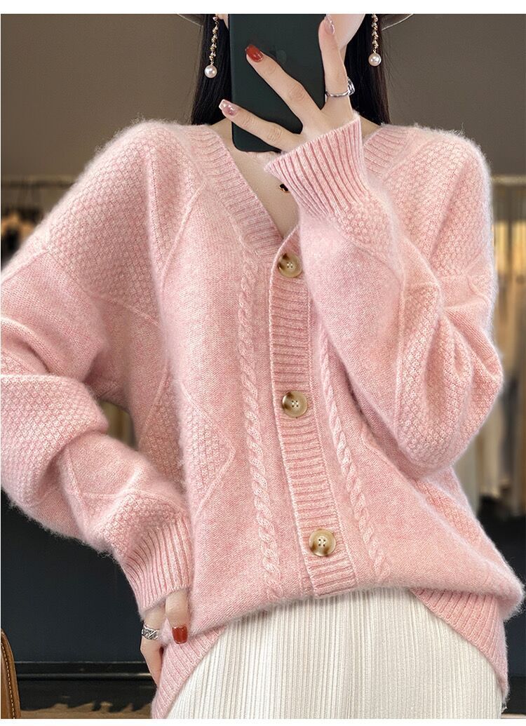 Cardigan en cachemire à col en V et manches longues pour femme, coupe ample, motif losanges, pull en tricot_voghion.com