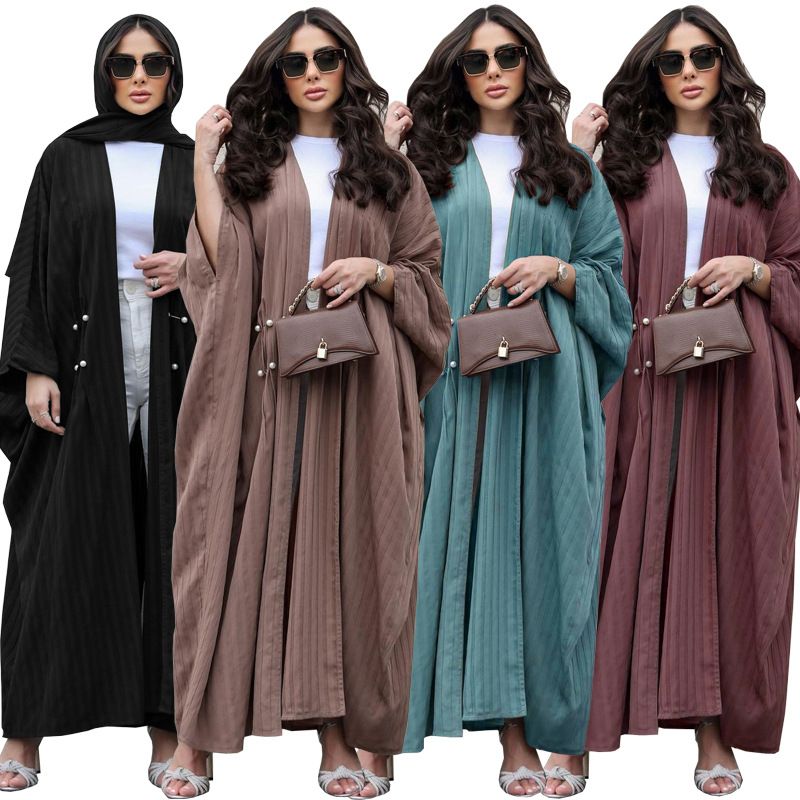 Verve MQ077 Muslim Women's Modest Fashion Turkish Striped Casual Plus Size Abaya Cardigan Robe_voghion.com