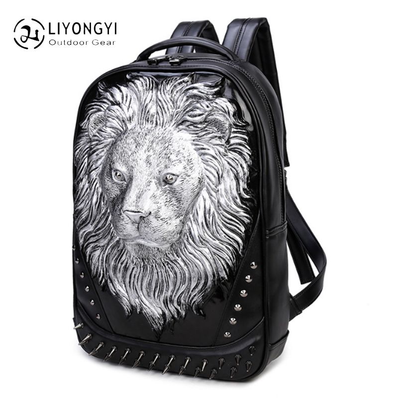 Borsa in pelle PU, zaino multifunzionale per studenti, zaino 3D, borsa da viaggio per computer, borsa con testa di leone maschio e femmina_voghion.com