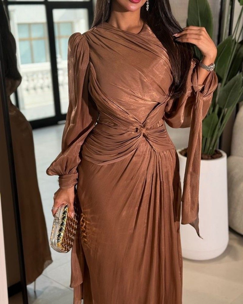 American-style High-end Autumn And Winter Evening Dress For Women With A Corset, Pleats, Flowing Ribbons And A Shiny Finish_voghion.com