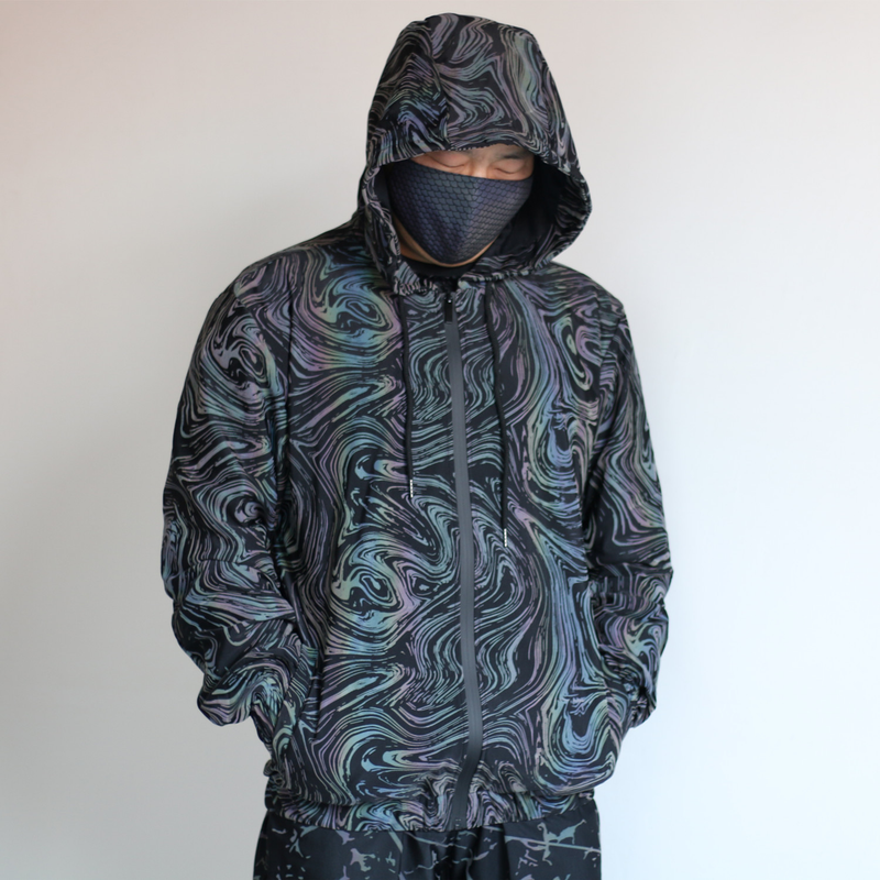 Vêtements pour hommes Nouvelle veste réfléchissante colorée pour hommes, haut à capuche extensible respirant en tricot avec ciel étoilé coloré_voghion.com