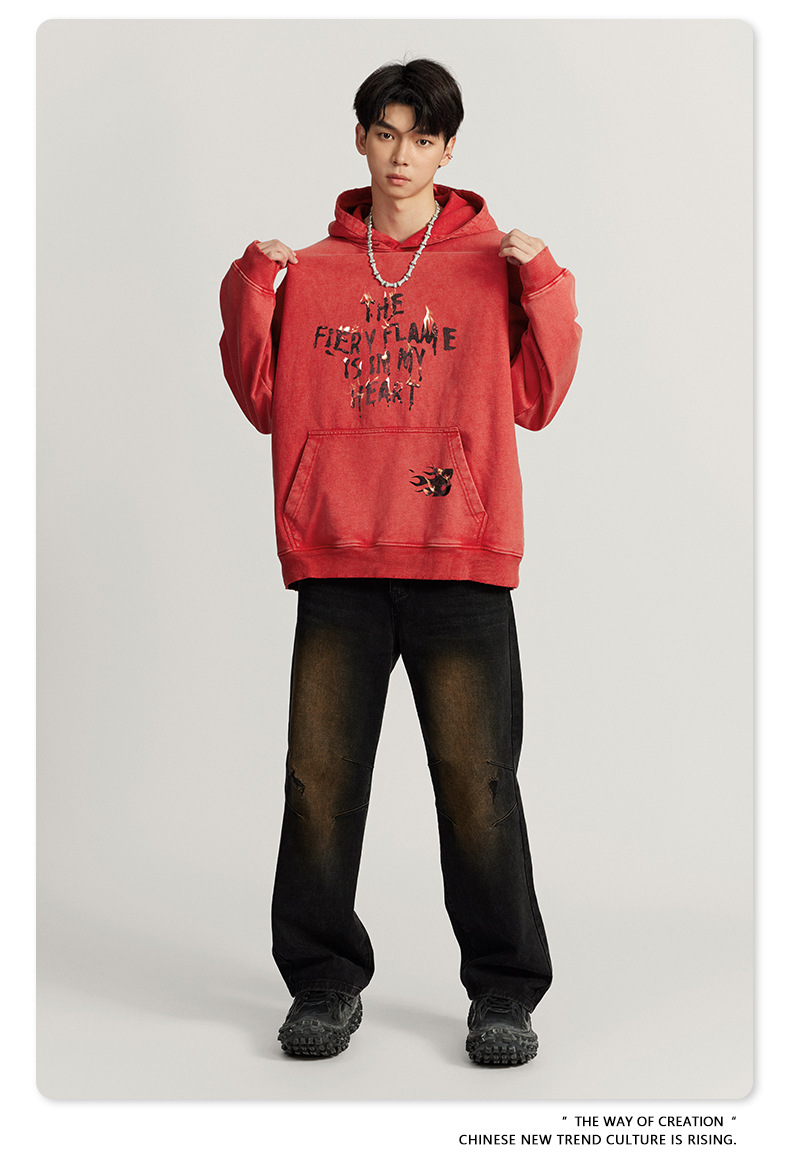 Herrenbekleidung Kapuzenpullover mit verwaschenem Batik-Print, Retro-Street-Chic, Baggy-Top_voghion.com