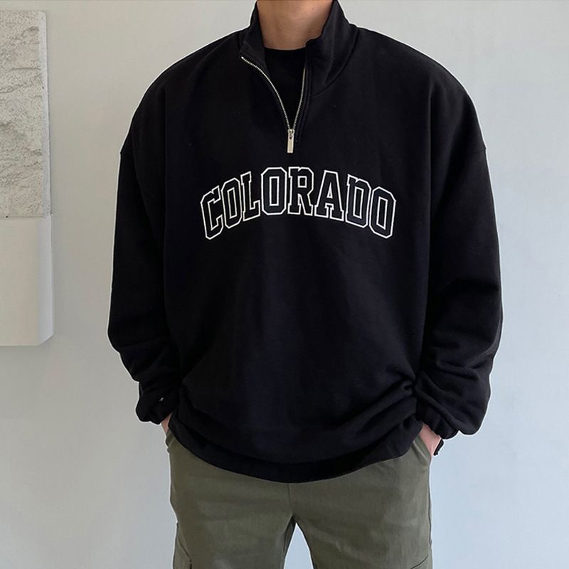 Sweatshirt mit halbem Reißverschluss für Herren, Herbstkleidung, Oberteil mit Buchstabendruck, koreanischer Stil, trendige, lockere Langarmjacke_voghion.com