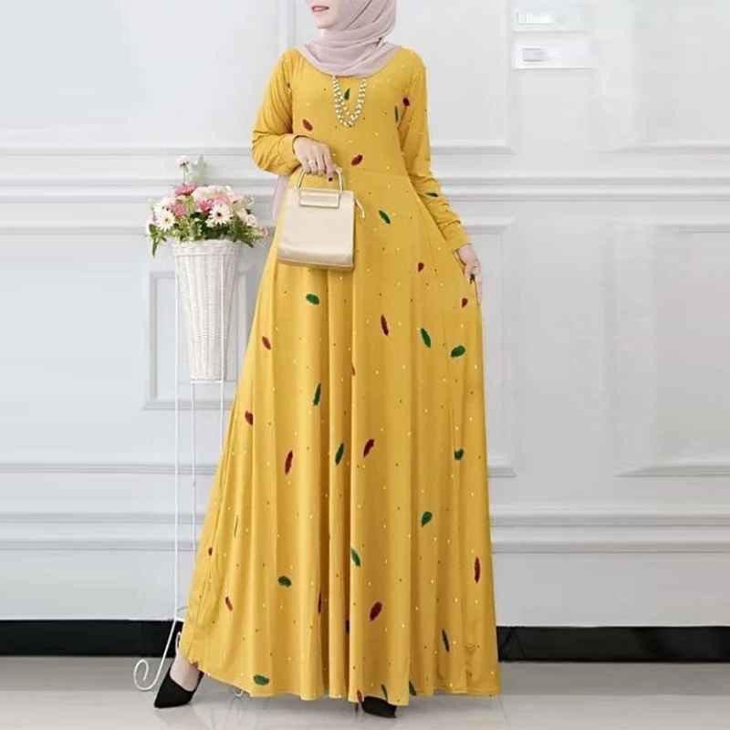 Abito musulmano a maniche lunghe con motivo a foglie per donna, casual, bohémien, con stampa a pois, abito musulmano per le feste, lunghezza intera, Abaya Dubai_voghion.com